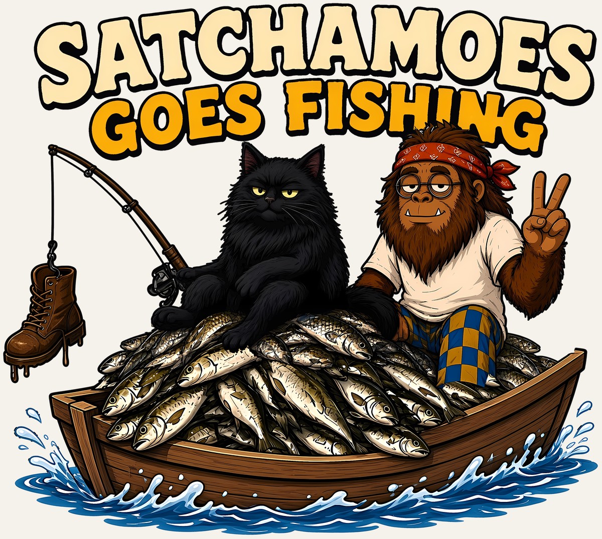 Sasquatch in a rowboat flashing a peace sign while his black cat fishes and an old boot dangles from the line