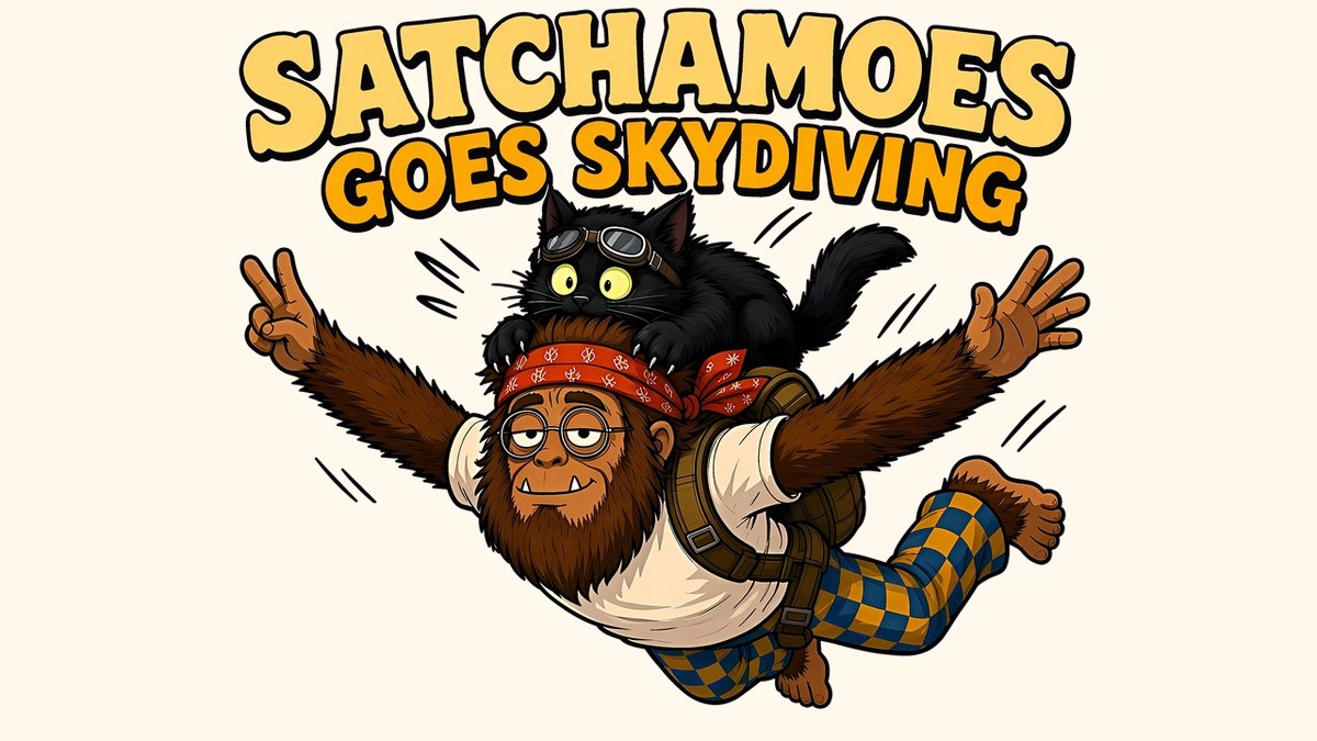 Sasquatch skydiving with a peace sign while his wide-eyed black cat in aviator goggles clings to his head