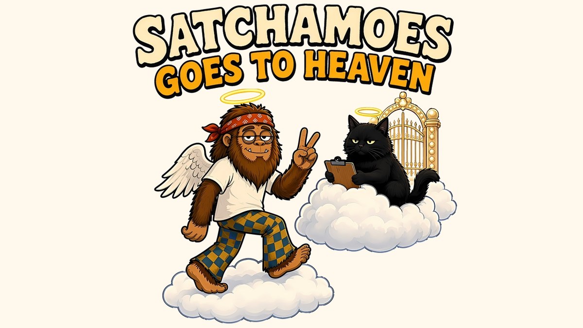 Sasquatch with a halo and wings strolling on a cloud while his haloed black cat waits by the pearly gates