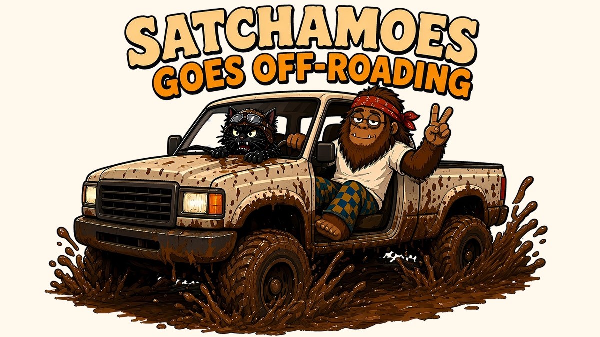 Sasquatch leaning out of a muddy pickup truck with a peace sign while his goggled black cat glares