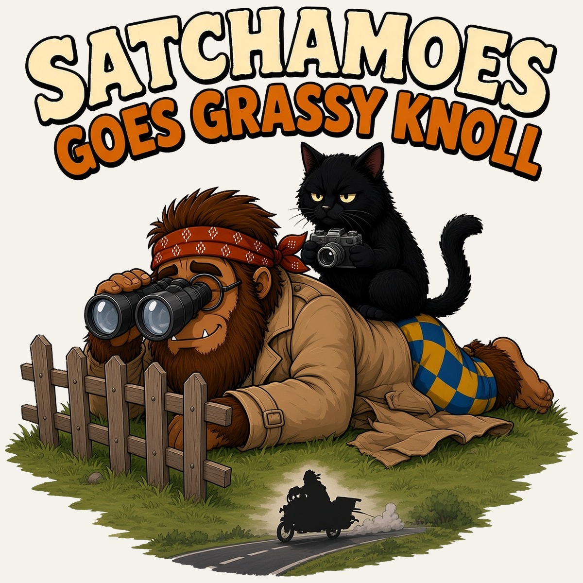 Cartoon Sasquatch Satchamoes in a trench coat lying prone with binoculars behind a picket fence while his black cat sits on his back with a camera
