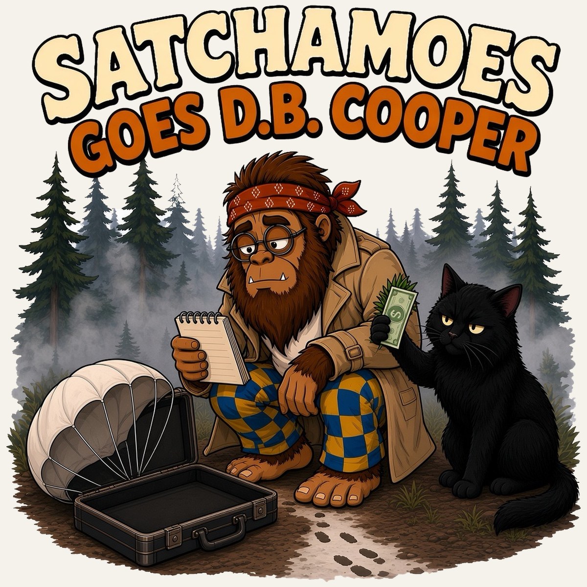 Cartoon Sasquatch Satchamoes in a trench coat studying a notepad beside an empty briefcase and parachute while his black cat holds up a dollar bill in a foggy forest
