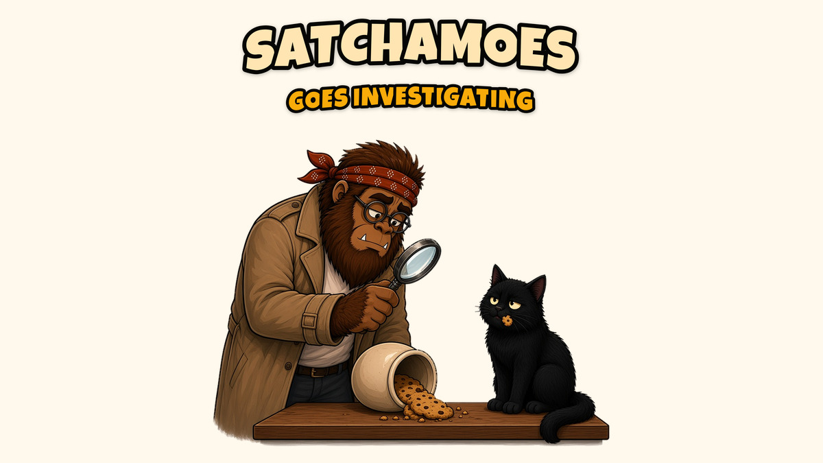 Cartoon Sasquatch Satchamoes in a trench coat inspecting a spilled cookie jar with a magnifying glass while his black cat sits with a cookie in its mouth