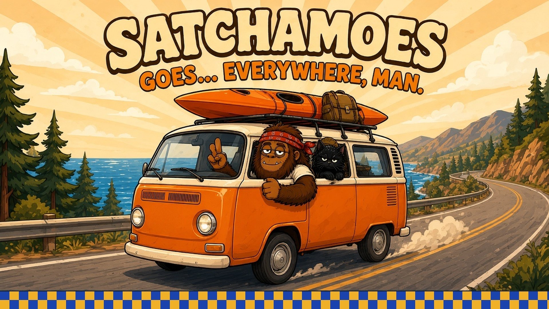 Sasquatch Satchamoes and his black cat on a road-trip in an orange camper van — Satchamoes Goes… Everywhere, Man.